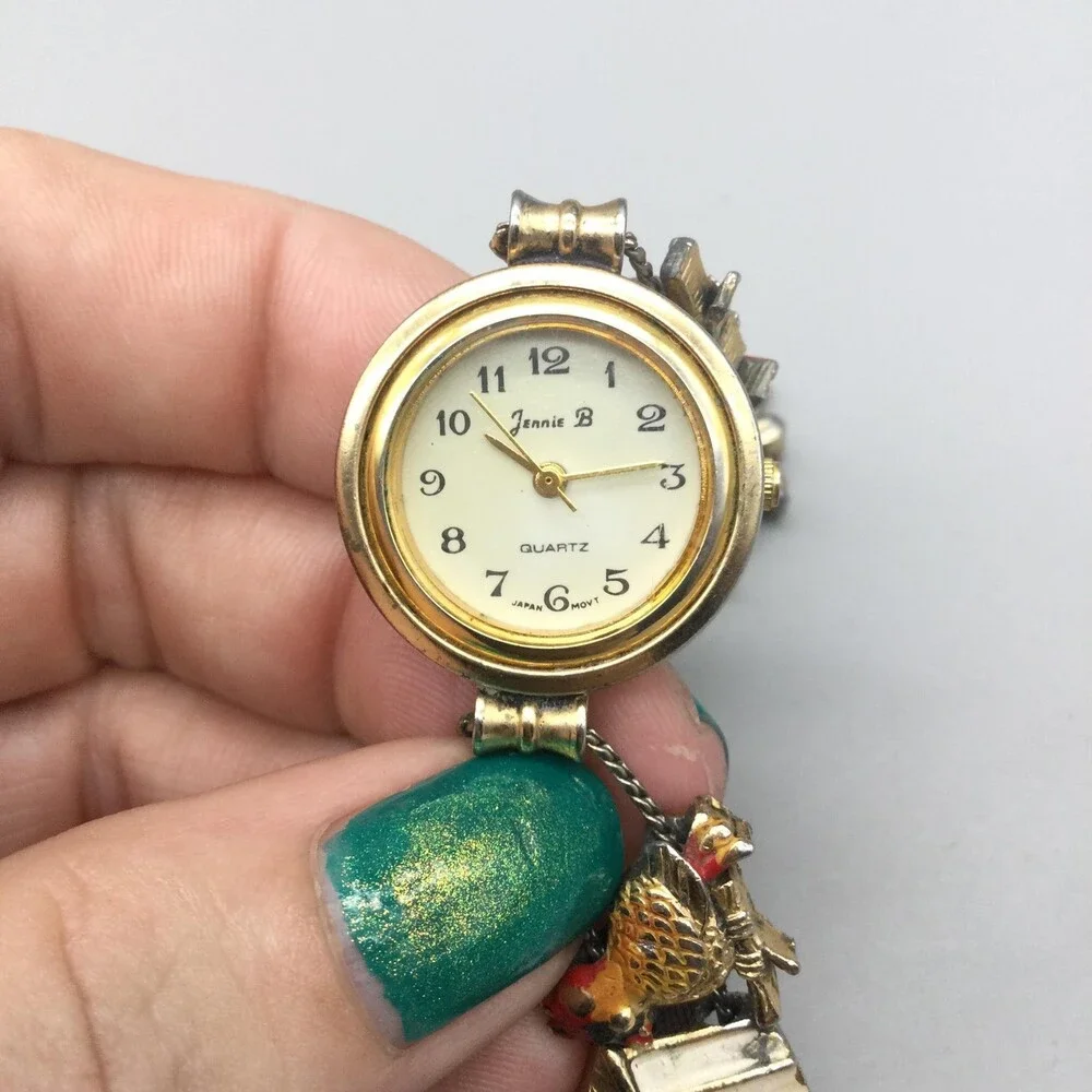 Vintage Jennie B Womens Watch 24mm Birdhouse Birds Slide Charm New Battery 7.75" - Picture 8 of 14